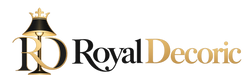 Royal Decoric logo featuring a stylized black and gold lamp with a crown on a black background.